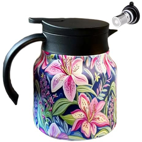800ml Insulated Floral Pattern Thermal Tea Kettle,Insulated Thermal Teapot with Infuser for Home,Tea Pot with Strainer,Thermal Loose Leaves Teapots, Thermal Pot for Tea Room, Home, Restaurant