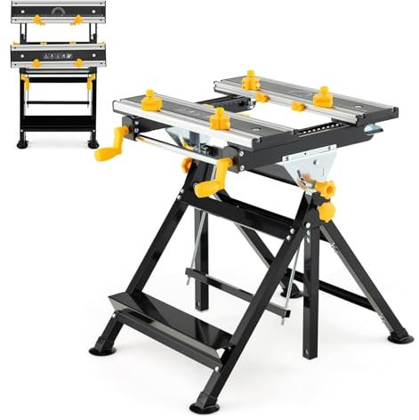 HOMFME Folding Workbench, 7 Level Height Adjustable Workstation Tool Stand with 4 Position Tiltable Platform, 8 Sliding Clamps, Protractor and Ruler, Heavy Duty Metal Work Bench Table Sawhorse (Black)