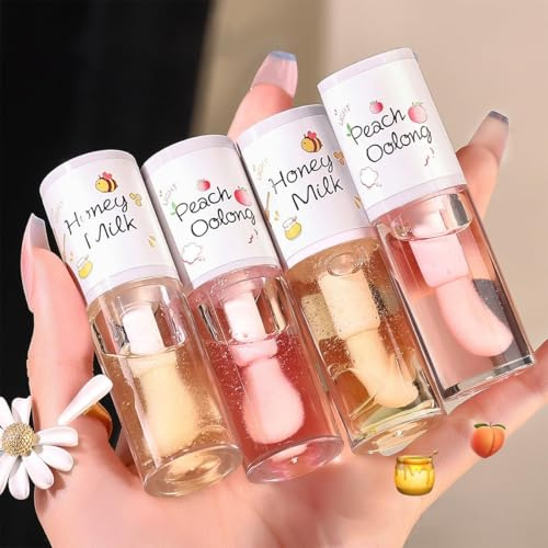 Pakivs 4Pcs Ensemble d’huile à lèvres claire hydratante, Big Brush Lip Gloss Huile Jelly Honey Lip Gloss Baume à lèvres hydratant longue durée Repulpant Lip Gloss