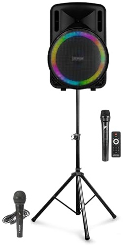 Fenton FT15LED MK2 15-Inch Battery Powered Portable PA System with Wireless and Wired Microphones, Bluetooth Connectivity and Stand, Ideal For Events, Fitness Classes and Live Performances
