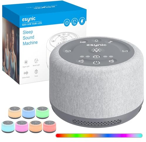 eSynic Vit ljudmaskin med 30 lugnande ljud för sömn vitt brus vuxen baby nattlampa med 6 lägen, 7 justerbara färger, vit brus, maskin, timerfunktion, inspelningsminne