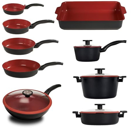 CLASSE ITALY, Set Padelle antiadenti 13 Pz. senza PFAS, Antiaderente a 5 strati senza PTFE, PFOA, 100% sicuro, Linea TUSCANY, per Induzione e Fiamma