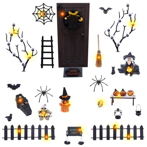 LETTERASHQP Halloween Puppenhaus Dekoration Miniatur Set mit Figuren, Wichtel, Holz-Wichteltür, Skelette, Spinnen und Fledermäuse