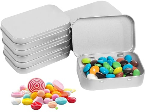 GFUEIGJ 6 PCS Rectangular Hinged Tins, Metal Storage Tins with Lids Silver Metal Portable Storage Boxes, Durable Mini Containers for DIY, Home Organization, Gift Cards Anf Small Items