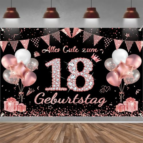 18. Geburtstag Banner Mädchen Deko Roségold Schwarz 18 Geburtstag Hintergrund Banner, Extra Große Stoff Schild Poster für 18. Geburtstagsparty Deko, 210x150 cm