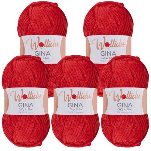 Wollidu Gina Chenille Wolle/Chenillegarn 5 × 100 g Set – 100% Polyester – je 120 m – Garnstärke 5 mm – zum Stricken & Häkeln – samtig-weiches Plüschgarn – Farbe Rot 0165