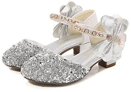 Scarpe da comunione da ragazza con tacco glitterato, da principessa lucida, per compleanno, feste, da sera, con brillantini, per matrimonio, travestimento con farfalla,, argento, 26 EU