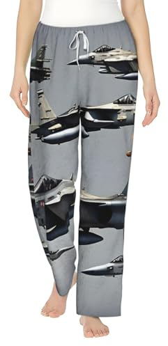 FMASWEQ Pyjama de Noël imprimé avions de chasse pour femme, pantalon de pyjama en polaire douce, parfait pour se détendre, Noir , S
