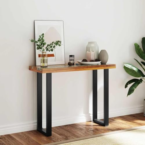 ROMHZKS Massiver Teakholz Konsolentisch 100 x 35 x 75 cm mit industriellem Design und Glas-Harz Einlage für Wohnzimmer Deko, stabile Tischplatte und robuste Mahagonibeine,