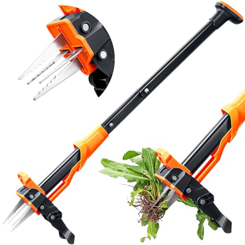 Crywag Weed Puller Tool - Stand Up Weed Puller with 4-Claw Steel Head, 39 Retractable Handle & Easy-Eject Mechanism for Dandelions, Clover & More, No Bending or Kneeling - Orange