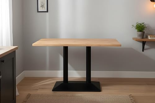 SAM Bistrotisch Joan | 100 x 60 cm rechteckig | Holz | Farbe: Eiche | Baumkante | schwarzes doppeltes Säulengestell aus Metall | Säulentisch/Esstisch für Küche, Café & Essbereich