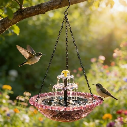 Timasser Gartendeko Vogeltränke Hängend Solarbrunnen mit Haken Springbrunnen Solar Vogeltränke Winterfest Metall Vogelbad Garten Futterspender Vögel für Vögel Outdoor 23,5X46cm (B)