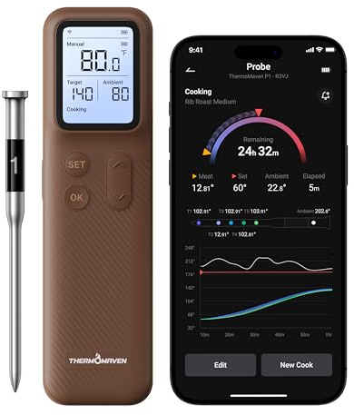 ThermoMaven Smartes Bluetooth Fleischthermometer Kabellos, Basisstation, WLAN Unbegrenzte Reichweite, NIST-zertifizierte Genauigkeit, App Warnungen, Für Grill, Ofen, Smoker, BBQ (Dunkelbraun)