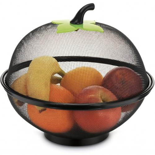 BEAHING Fruit Bowl with Lid, Apple-Shaped Mesh Fruit Basket, Metal Storage for Fruits Vegetables, Black, Bowls