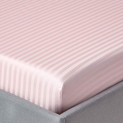HOMESCAPES Damast Spannbettlaken 180x200 cm rosa mit Satin-Streifen, 100% ägyptische Baumwolle, Betttuch mit Gummizug, Fadendichte 330