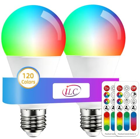 iLC Farbwechselnde LED-Glühbirne, 120 Farben, 70-Watt-Äquivalent, DIY-Blitz, warmweißes 2700K-RGB mit Fernbedienung, LED 10W A60 E27-Schraube (2er-Pack)