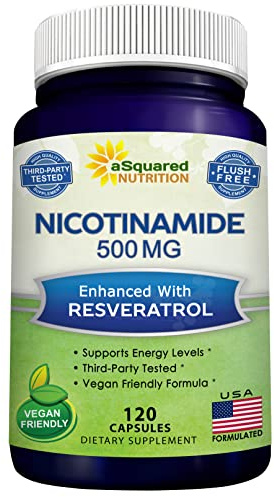 aSquared Nutrition Nicotinamide with Resveratrol - 120 Veggie Capsules - Vitamin B3 500mg (Niacinamide Flush Free) - Supplement Pills to Support NAD, Skin Cell Health & Energy