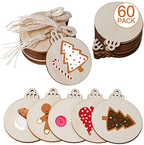 SAVITA - Bola de Navidad de madera (60 unidades, discos de madera, redondos, bridas de madera, decoraciones navideñas para pintar, para bricolaje, artesanal, decoraciones para árboles de Navidad,