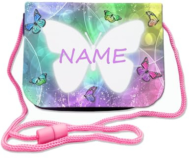 Kinder Brustbeutel mit Name, Schmetterling | Schriftartwahl, Klettverschluss, Schnur zum Umhängen, Klarsichtfach, Personalisiert