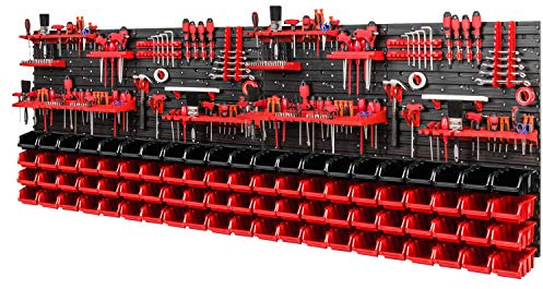 PAFEN Système de rangement mural à outils 2308 x 780 mm – Set de supports à outils et 84 boîtes empilables – Étagère murale, étagère d'atelier, paroi perforée, boîtes de rangement