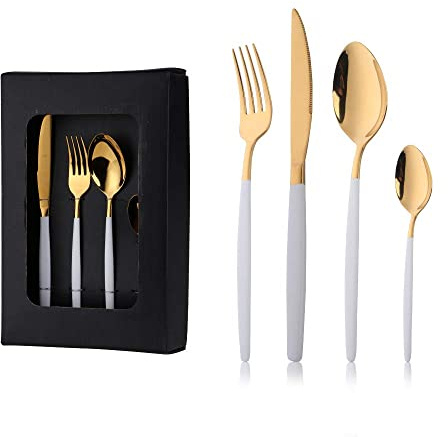 16 Piece White and Gold Cutlery, Stainless Steel Flatware Service for 4, Dishwasher Safe Dinner Set With Handle Knife Fork Spoon