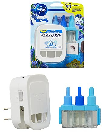 Ambi Pur Lufterfrischer, 1 elektrischer Raumdiffusor und 1 Nachfüllpackung, frischer Duft von Capri Brise, Technologie beseitigt Gerüche, bis zu 90 Tage Duft pro Nachfüllung
