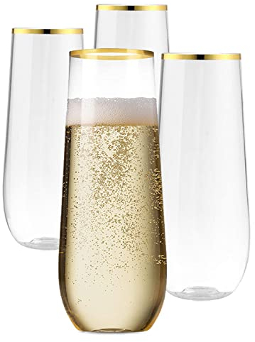 BELUAPI 4 Pack 9 Oz Plastic Champagne Flutes, Stemless Clear Cocktail Cups Unbreakable Recyclable Stemless Clear Cocktail Cups, Gold Rim Toasting Glasses for Party Wedding Birthday