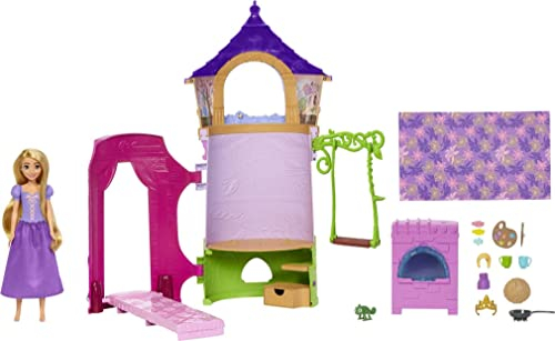 Disney Princess HMV99 - bewegliche Rapunzel-Puppe und Turm Spielset mit rundum Spielspaß, 6 Spielbereiche und 15 Zubehörteile, inspiriert durch den Disney-Film, Puppen Spielzeug ab 3 Jahren