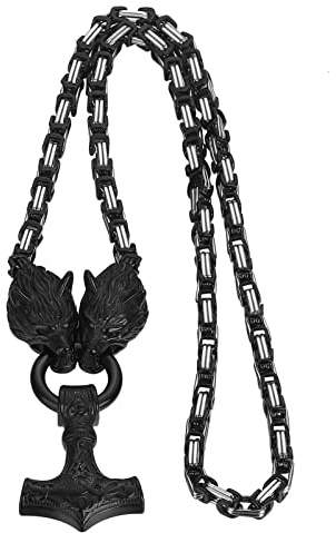OIDEA Viking Mjolnir Necklace for Men with Wolf Head King Chain, Stainless Steel Viking Amulet Thors Hammer Necklace Pendant Norse Pagan Jewelry,Silverblack, 22 inch Chain