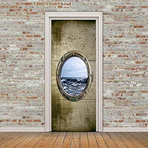 JGCAI Türaufkleber Selbstklebendes Türbild 3D Rundes U-Boot-Fenster Fototapete Türfolie Poster Tapete Pvc Wasserdicht Abnehmbare Wandbilder Für Schlafzimmer Dekoration 95x215cm Türtapete