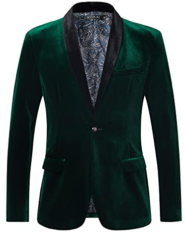 WZIKAI Mens Velvet Blazer Slim Fit One Button Solid Suit Jacket Sport Coat for Wedding Prom Dinner Party Green XXXL