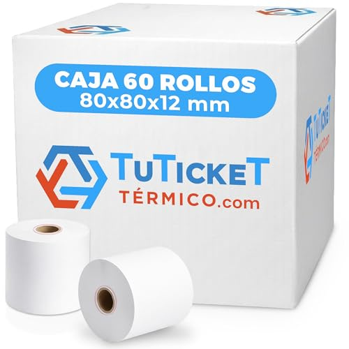 TuTickeT TÉRMICO.com - Rollo de Papel Térmico 80x80x12 mm (60 unidades, 10 más de lo habitual) para Impresora Térmica de Ticket, Caja Registradora y demás TPV. Sin Bisphenol A. PEFC. Producto C.E.