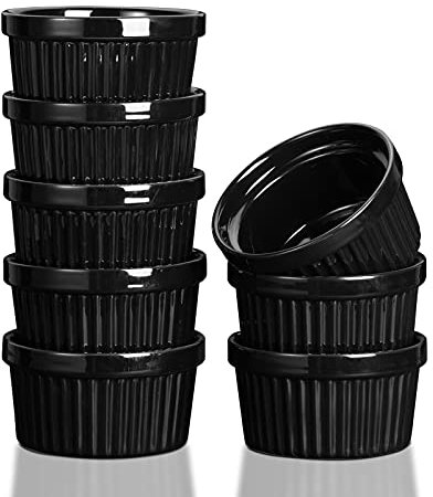 Lot de 8 ramequins en céramique de 236,8 g qui passent au four, tasses à souffler empilables pour la cuisson, les desserts, la crème glacée, les collations, les plats à soufflé (noir)