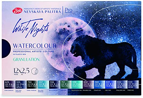 White Nights russische Künstler Aquarellfarben im Granulation-Set, Weiße Kunststoffbox mit 12 granulierenden Farben in kleinen Näpfchen