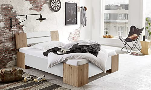 BMG Möbel Futonbett Graz in Weiß/Artisan Eiche Holzbett Doppelbett 140x200 cm Made in Germany (Mit Rollrost)