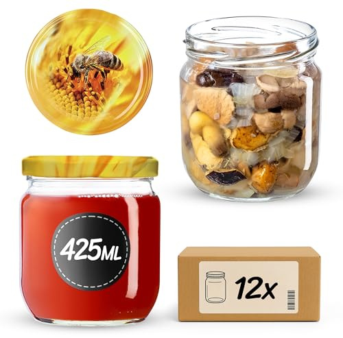 Set di 12 barattoli per conserve KADAX 425 ml TO82 Ape, vasetti Mason Jar con coperchio a vite, barattoli ermetici con chiusura twist-off, preparazione dei pasti, overnight oats, lievito madre