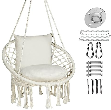 JoyView Makramee-Stuhl, Hängeschaukelstuhl, max. 150 kg, Hängemattenstuhl mit 2 Kissen und Hardware-Kits, Baumwollseil, Stuhl für drinnen und draußen, Schlafzimmer, Terrasse, Garten, Beige