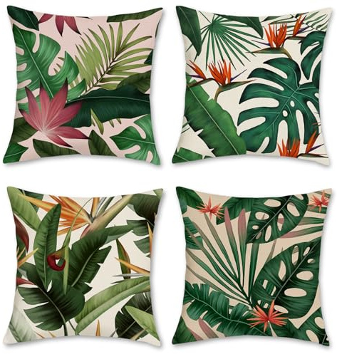 Bonhause Federe per Cuscini Foglie Tropicali 45 x 45 cm Copricuscini Decorativi Foglie Pianta Verdi Poliestere Biancheria Estate Federa per Cuscino Divano Letto Casa Decorazione Set di 4