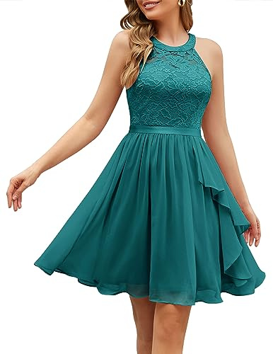 Wedtrend Abiti da damigella d'onore da donna, abito da cocktail senza maniche con scollo all'americana con volant a linea corta abito da ballo 2025, Verde pavone, XS