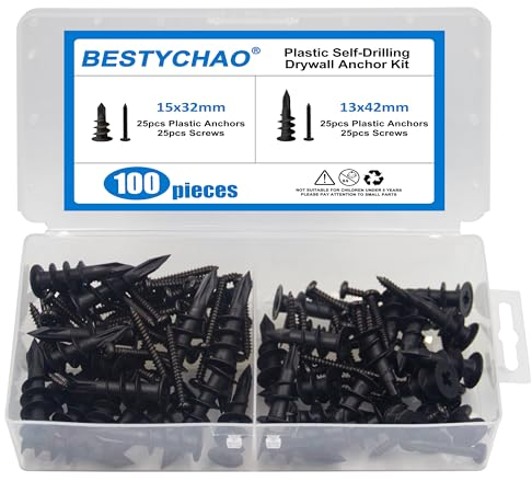 BESTYCHAO Kit de 100 chevilles et vis pour cloison sèche, 50 chevilles murales en nylon et 50 vis, kit d'assortiment de 2 tailles de chevilles autoperceuses pour mur en plaque de plâtre - Noir