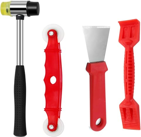 Fensterverglasungswerkzeug-Set, 4-teilig, robuste Verglasungswerkzeuge: Gummihammer, Schaufelpaddel zum Verglasen/Entlackieren, rote Fensterrolle und Stahlschaber für Fenster, Türen