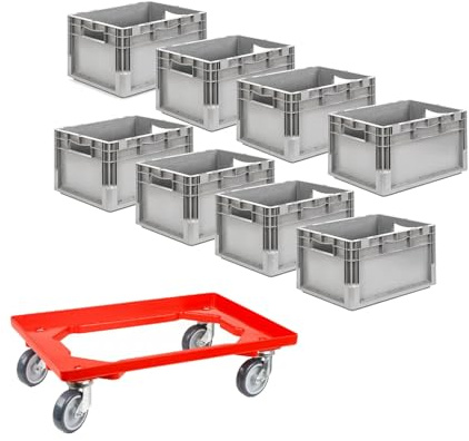 SSI Schäfer EuroBox ELB 4220 grau 8er Set 40x30x22cm mit Rollwagen | 8x Aufbewahrungsbox Kunststoffbehälter 20,4L gebraucht inkl. neuem Transportroller belastbar bis 300kg, stapelbar