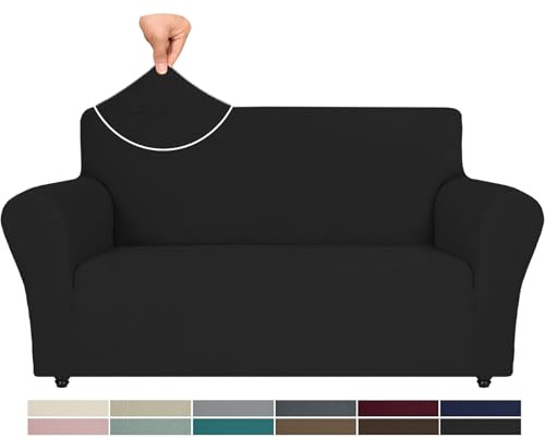 Ystyle Weicher Elastisch Sofabezug 2 Sitzer, Schwarz | Sofaschoner Rutschfest, Universaler Couch Überzug mit Armlehnen, Moderne Sofa Cover, Waschbarer Sofahusse für Wohnzimmer
