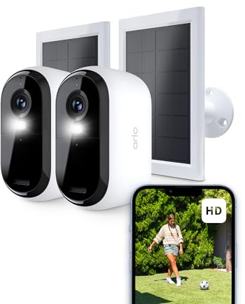 Arlo Essential 2 HD Video Security Camera Outdoor Wireless & 2 Solar Panels, Battery Operated, Colour Night Vision, Light, Siren, 2 Way Audio & WiFi, Arlo Secure Free Trial, 2 Cameras, White