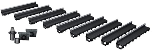 Pack de 9 Caniveaux Extérieurs MEAPARK – Grille à Fente en PP Recyclé + Profil E-Blade S en Inox – Drainage Terrasse, Piscine, Jardin – Classe A15 Piéton – Largeur utile 10 cm