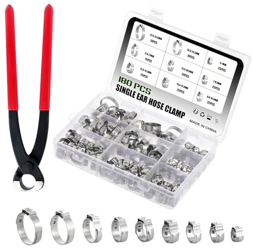 WiMas 180PCS 304 Edelstahl 6-25,6 mm Einzelohrschlauchklemmen, Schlauchklemmensatz, Gurtklemmenringe Schlauchschellen mit Klemmzange (9 Größe)