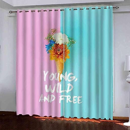 Vorhang, Kinderzimmer, 3D Blaue Lila Blüten Kindervorhänge Mit Ösen, Polyestervorhänge, Wärmeschutzvorhang, Blickdichter Vorhang Mit Ösen, Kindervor