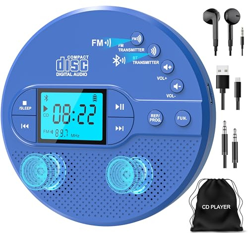 Greadio Portable CD Player with Bluetooth 5.3, Discman CD Players | 2000mAh Rechargeable Battery, Anti-Skip Protection, FM Transmitter, USB/AUX Playback, Personal MP3 Player for Car (Blue)