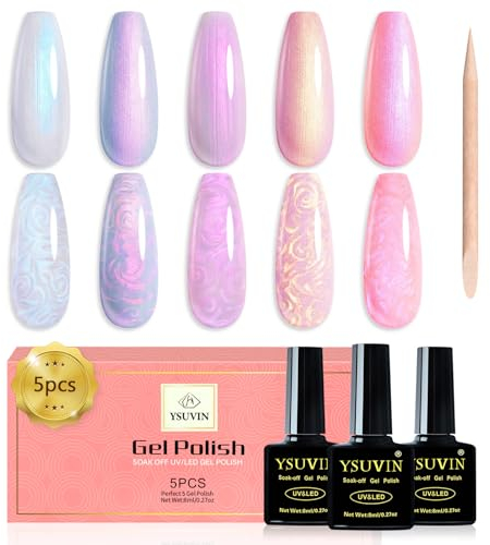 YSUVIN UV Nagellack Pearl, 5 Farben Weiß Blau Rosa Shimmer Pearl Effect Spirale Gel Nagellack mit Stick den Kreis, Thread Shell Gellack Soak-Off UV für DIY Nail Art Maniküre Salon, 8ML