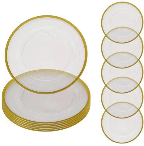 WedDecor Transparente Platzteller mit goldfarbenem Rand, 33 cm, rundes Acrylgeschirr für Tafelaufsatz, Set mit 12 Speisetellern für Hochzeiten, Veranstaltungen, Bankette und